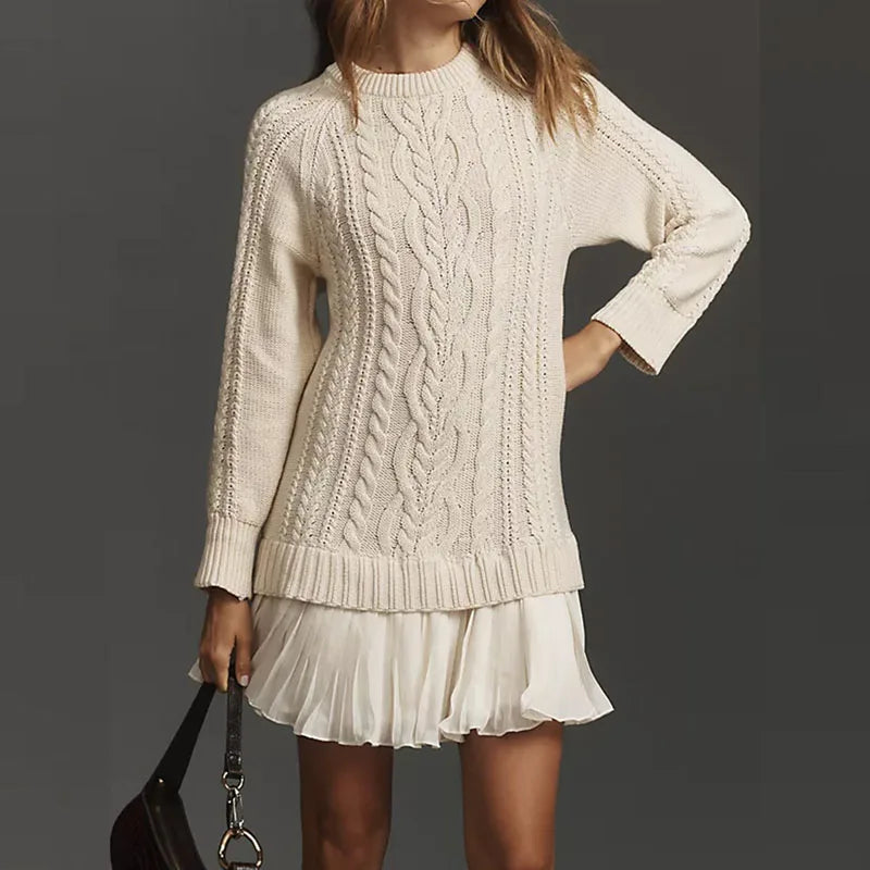 Stylish Camel Cable Knit Sweater Dress for Women with Crew Neck Long Sleeve Pleated Hem Knit Fall Style