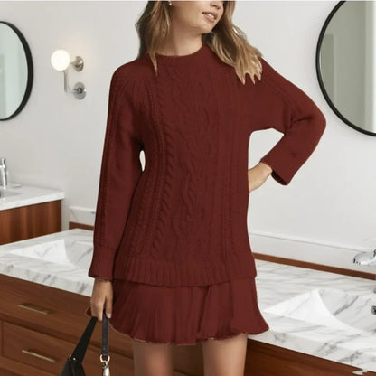 Stylish Camel Cable Knit Sweater Dress for Women with Crew Neck Long Sleeve Pleated Hem Knit Fall Style