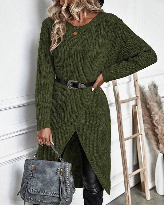 Warm Olive Green Sweater Dress for Women with Round Neck Long Sleeve Chunky Knit Wrap Hem Style