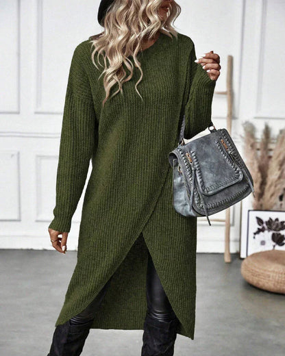 Warm Olive Green Sweater Dress for Women with Round Neck Long Sleeve Chunky Knit Wrap Hem Style