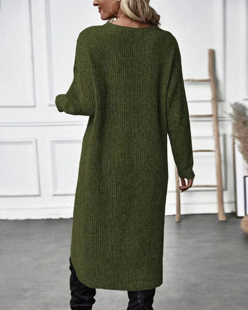 Warm Olive Green Sweater Dress for Women with Round Neck Long Sleeve Chunky Knit Wrap Hem Style