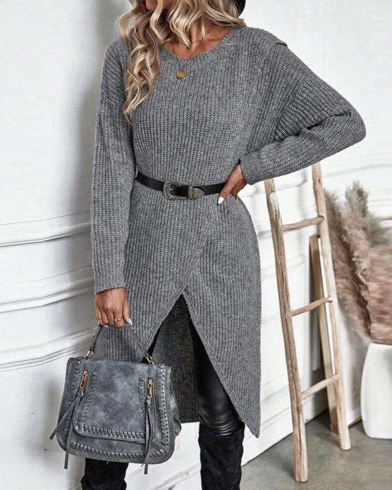Warm Olive Green Sweater Dress for Women with Round Neck Long Sleeve Chunky Knit Wrap Hem Style