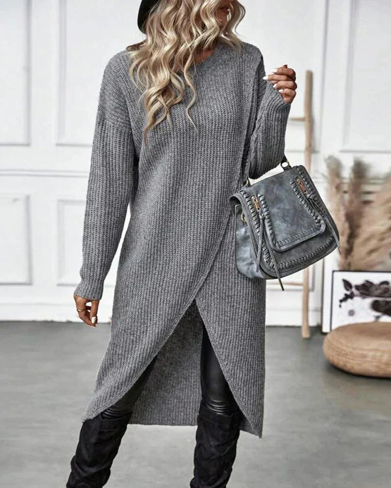 Warm Olive Green Sweater Dress for Women with Round Neck Long Sleeve Chunky Knit Wrap Hem Style