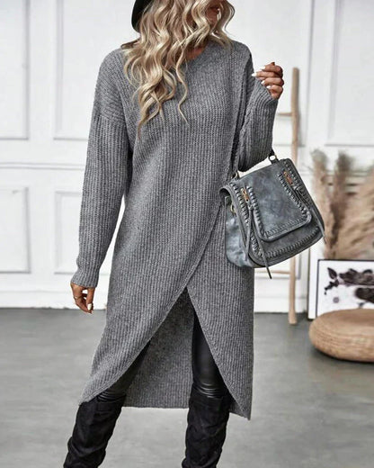 Warm Olive Green Sweater Dress for Women with Round Neck Long Sleeve Chunky Knit Wrap Hem Style
