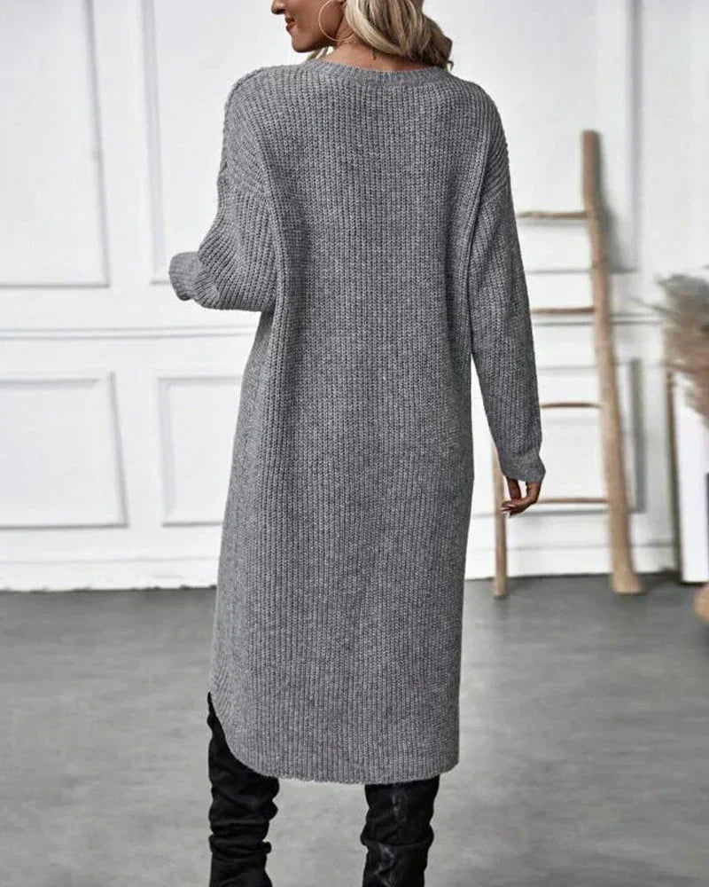 Warm Olive Green Sweater Dress for Women with Round Neck Long Sleeve Chunky Knit Wrap Hem Style