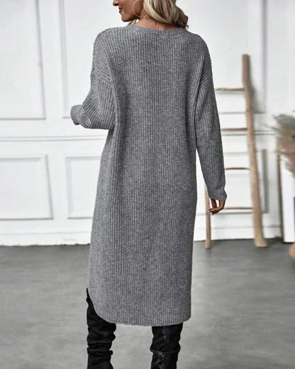 Warm Olive Green Sweater Dress for Women with Round Neck Long Sleeve Chunky Knit Wrap Hem Style