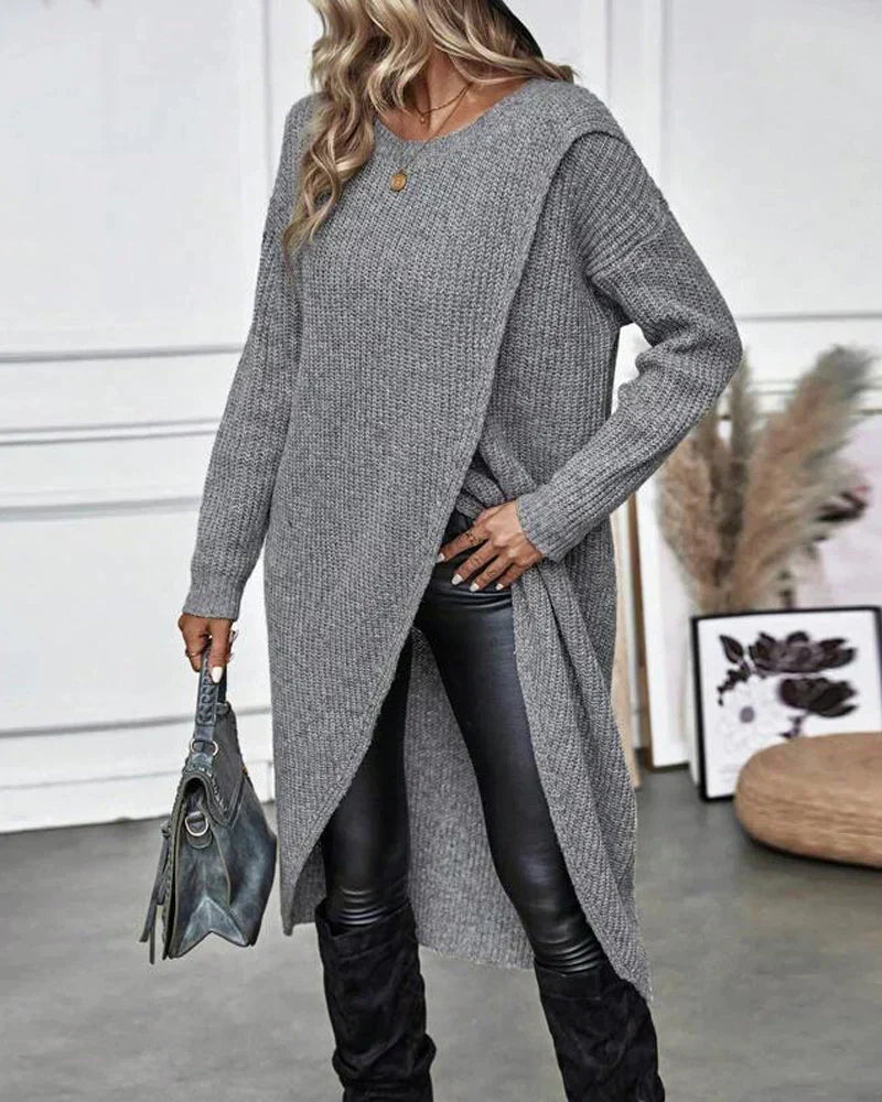 Warm Olive Green Sweater Dress for Women with Round Neck Long Sleeve Chunky Knit Wrap Hem Style