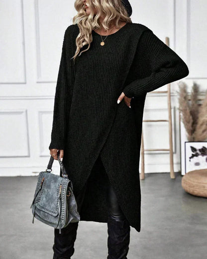 Warm Olive Green Sweater Dress for Women with Round Neck Long Sleeve Chunky Knit Wrap Hem Style