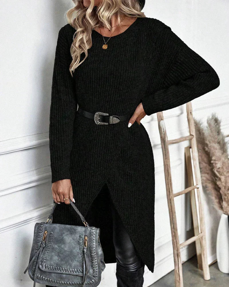 Warm Olive Green Sweater Dress for Women with Round Neck Long Sleeve Chunky Knit Wrap Hem Style