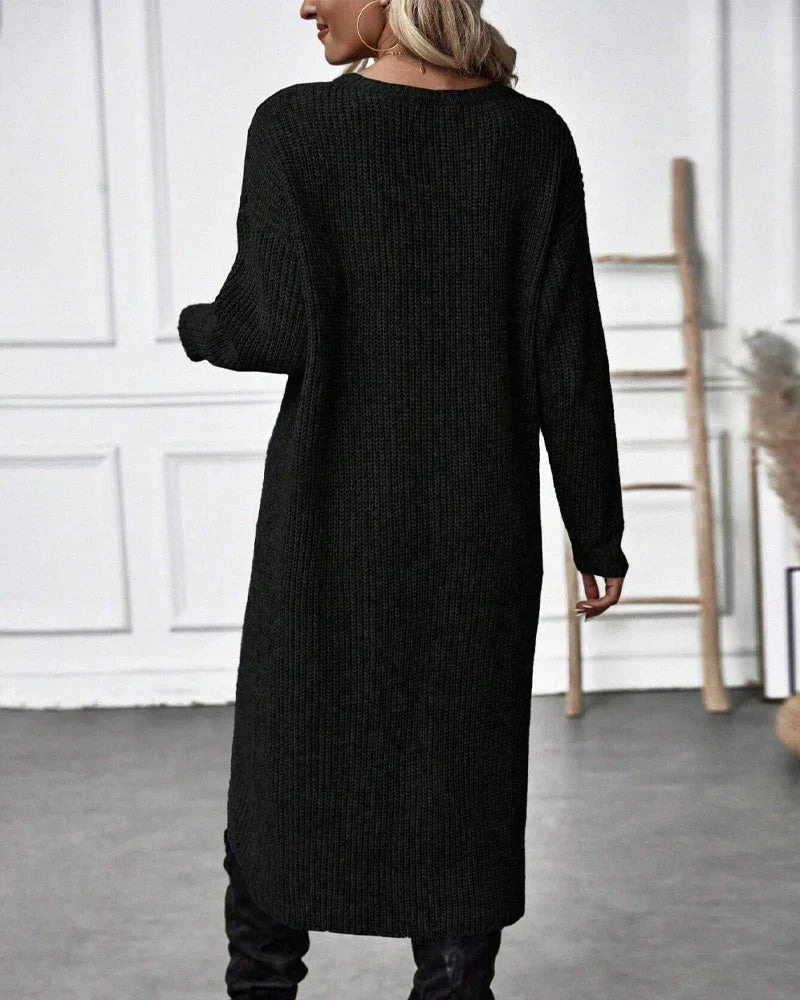 Warm Olive Green Sweater Dress for Women with Round Neck Long Sleeve Chunky Knit Wrap Hem Style