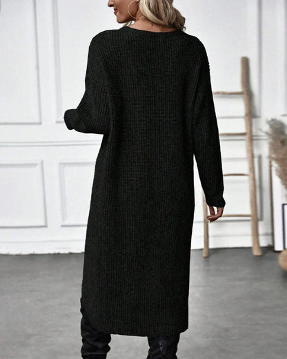 Warm Olive Green Sweater Dress for Women with Round Neck Long Sleeve Chunky Knit Wrap Hem Style