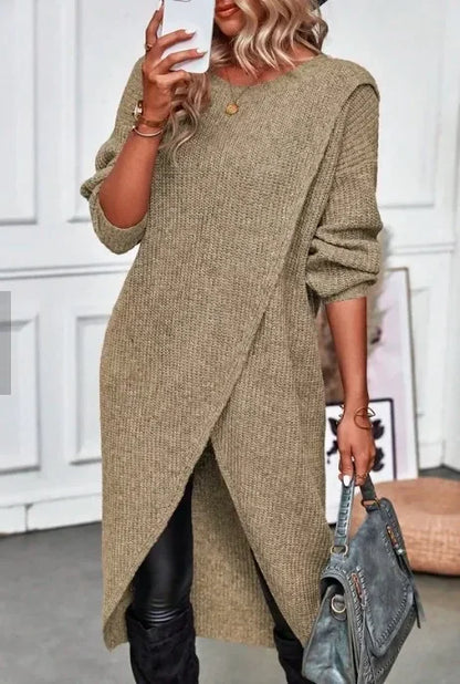 Warm Olive Green Sweater Dress for Women with Round Neck Long Sleeve Chunky Knit Wrap Hem Style