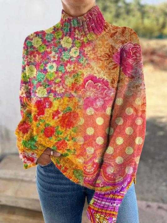 Women's Floral Polka Dot Turtleneck Sweater