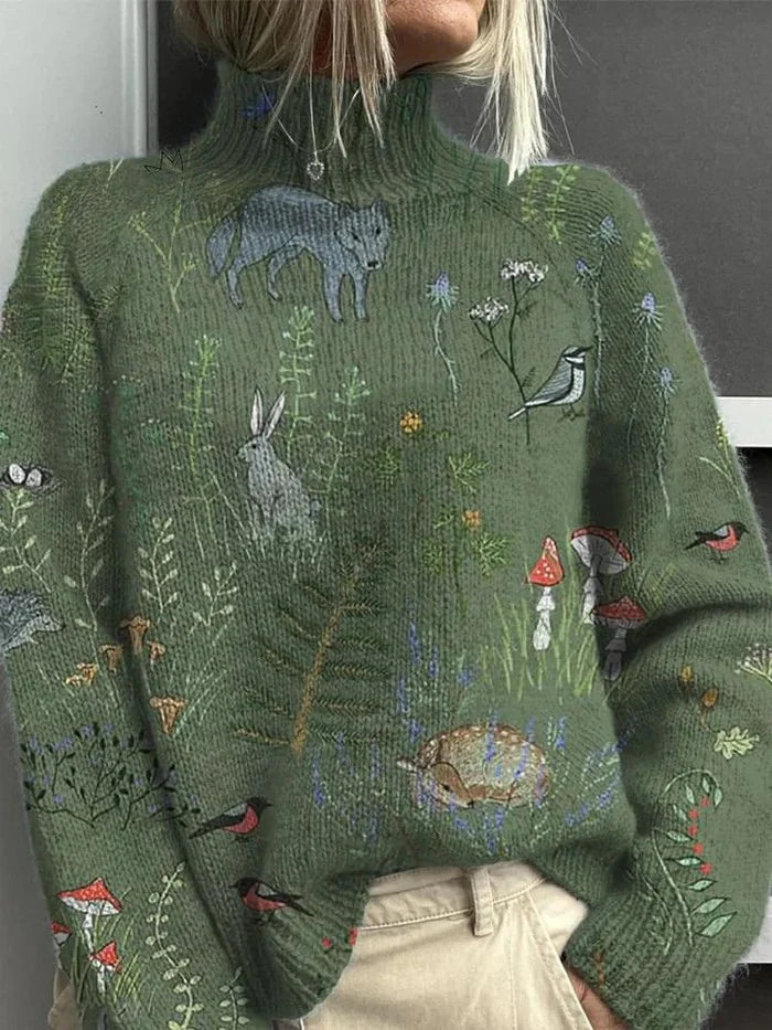 Women's Forest Animal Print Turtleneck Sweater