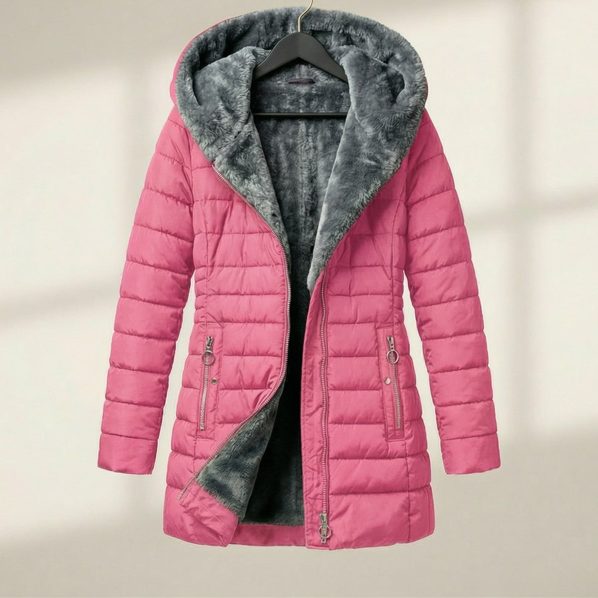 Warm Hooded Quilted Puffer Jacket for Women with Faux Fur Lined Hood Front Zip Insulated Cold Weather Style
