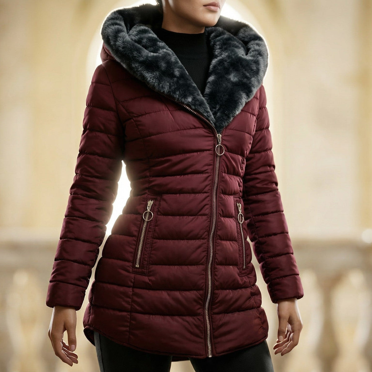 Warm Hooded Quilted Puffer Jacket for Women with Faux Fur Lined Hood Front Zip Insulated Cold Weather Style