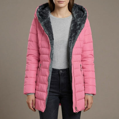 Warm Hooded Quilted Puffer Jacket for Women with Faux Fur Lined Hood Front Zip Insulated Cold Weather Style