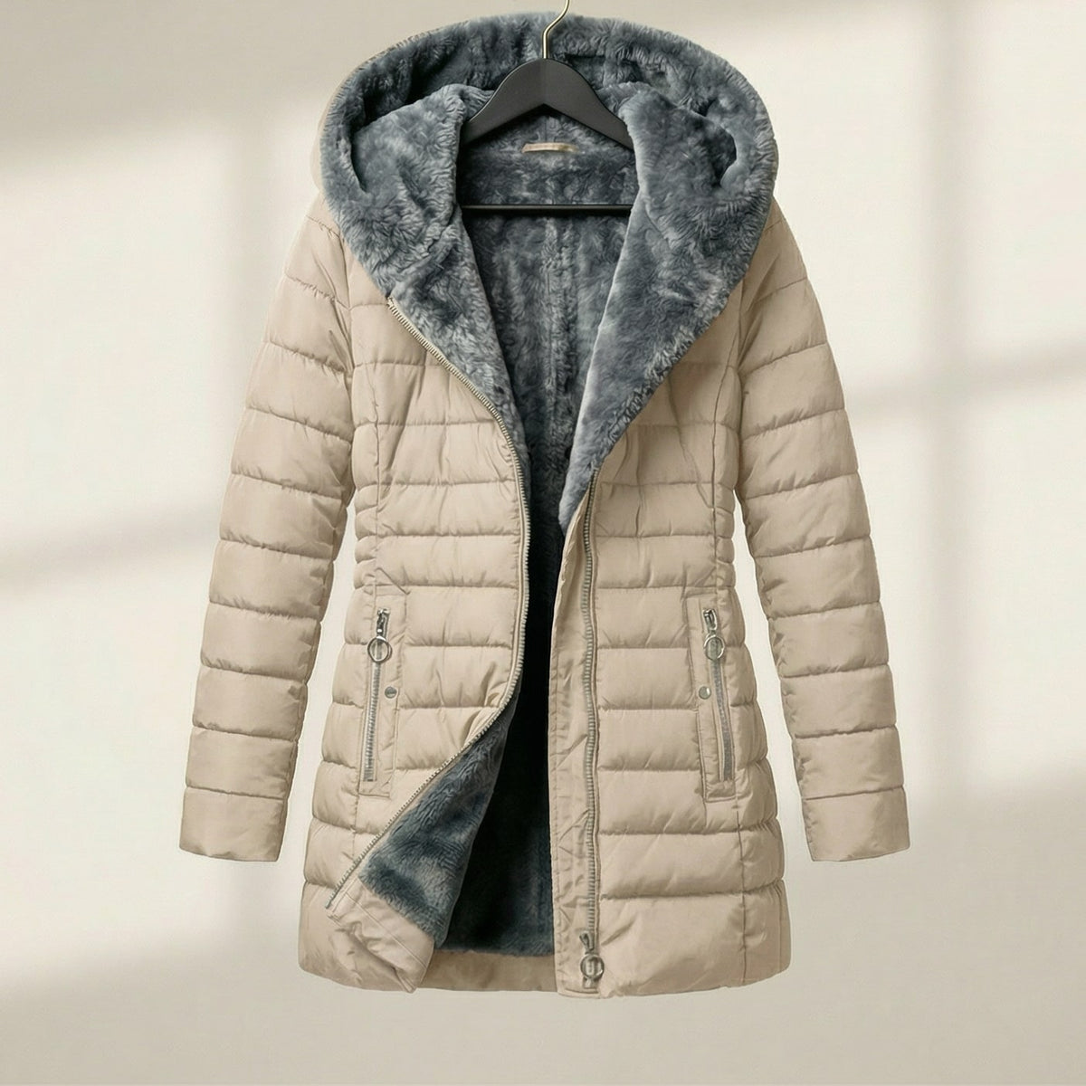 Warm Hooded Quilted Puffer Jacket for Women with Faux Fur Lined Hood Front Zip Insulated Cold Weather Style