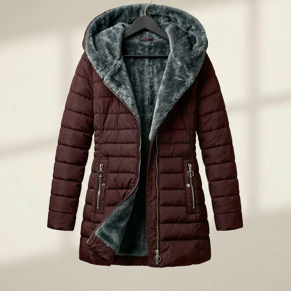 Warm Hooded Quilted Puffer Jacket for Women with Faux Fur Lined Hood Front Zip Insulated Cold Weather Style