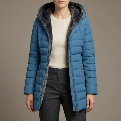 Warm Hooded Quilted Puffer Jacket for Women with Faux Fur Lined Hood Front Zip Insulated Cold Weather Style