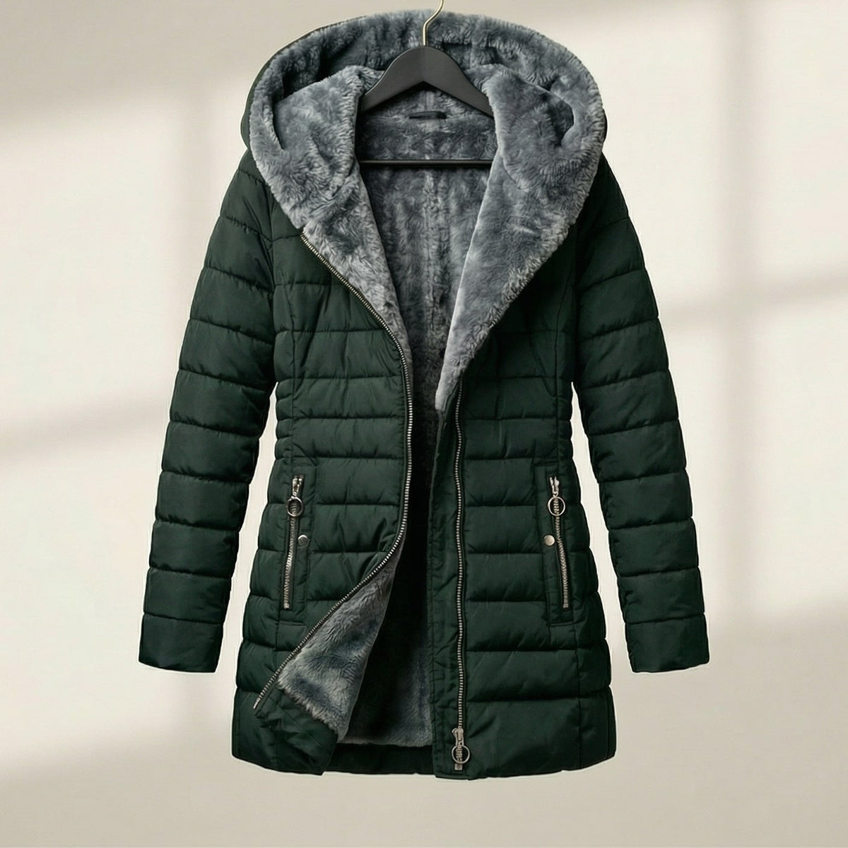 Warm Hooded Quilted Puffer Jacket for Women with Faux Fur Lined Hood Front Zip Insulated Cold Weather Style