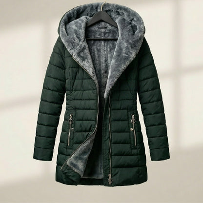 Warm Hooded Quilted Puffer Jacket for Women with Faux Fur Lined Hood Front Zip Insulated Cold Weather Style