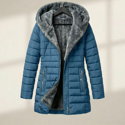 Warm Hooded Quilted Puffer Jacket for Women with Faux Fur Lined Hood Front Zip Insulated Cold Weather Style