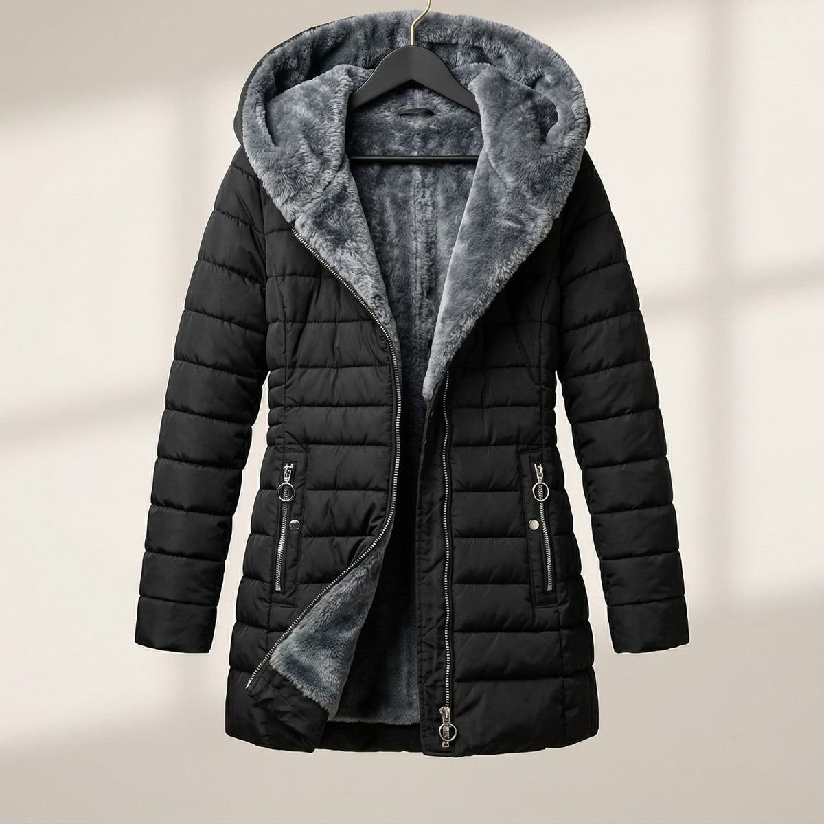 Warm Hooded Quilted Puffer Jacket for Women with Faux Fur Lined Hood Front Zip Insulated Cold Weather Style