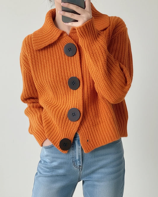 Cozy Ribbed Knit Sweater for Women with Collar Long Sleeve Button Front Cropped Cardigan Style