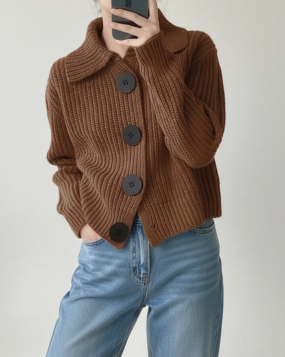 Cozy Ribbed Knit Sweater for Women with Collar Long Sleeve Button Front Cropped Cardigan Style