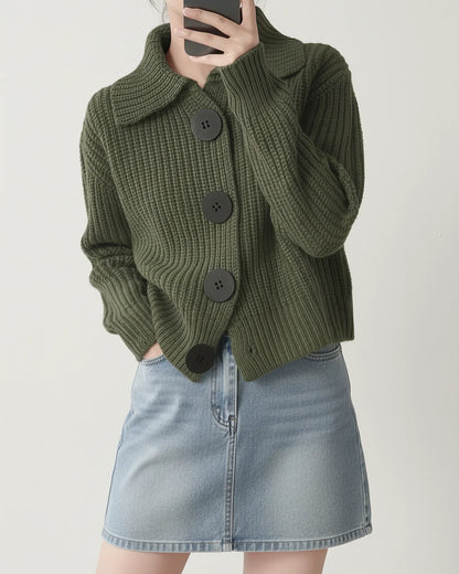 Cozy Ribbed Knit Sweater for Women with Collar Long Sleeve Button Front Cropped Cardigan Style