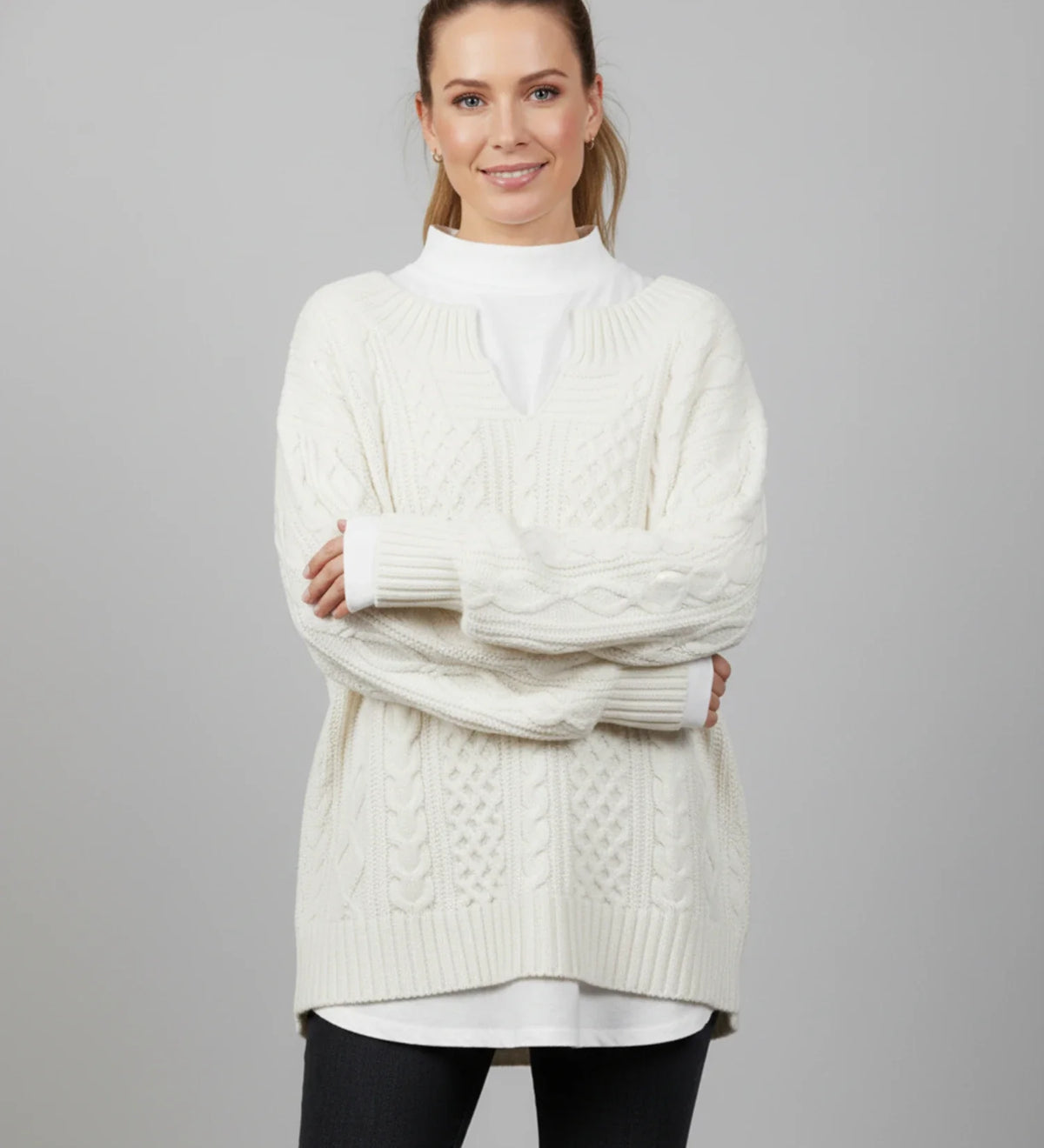 Comfortable Cable Knit Sweater for Women with Mock Neck Long Sleeve Oversized Relaxed Style