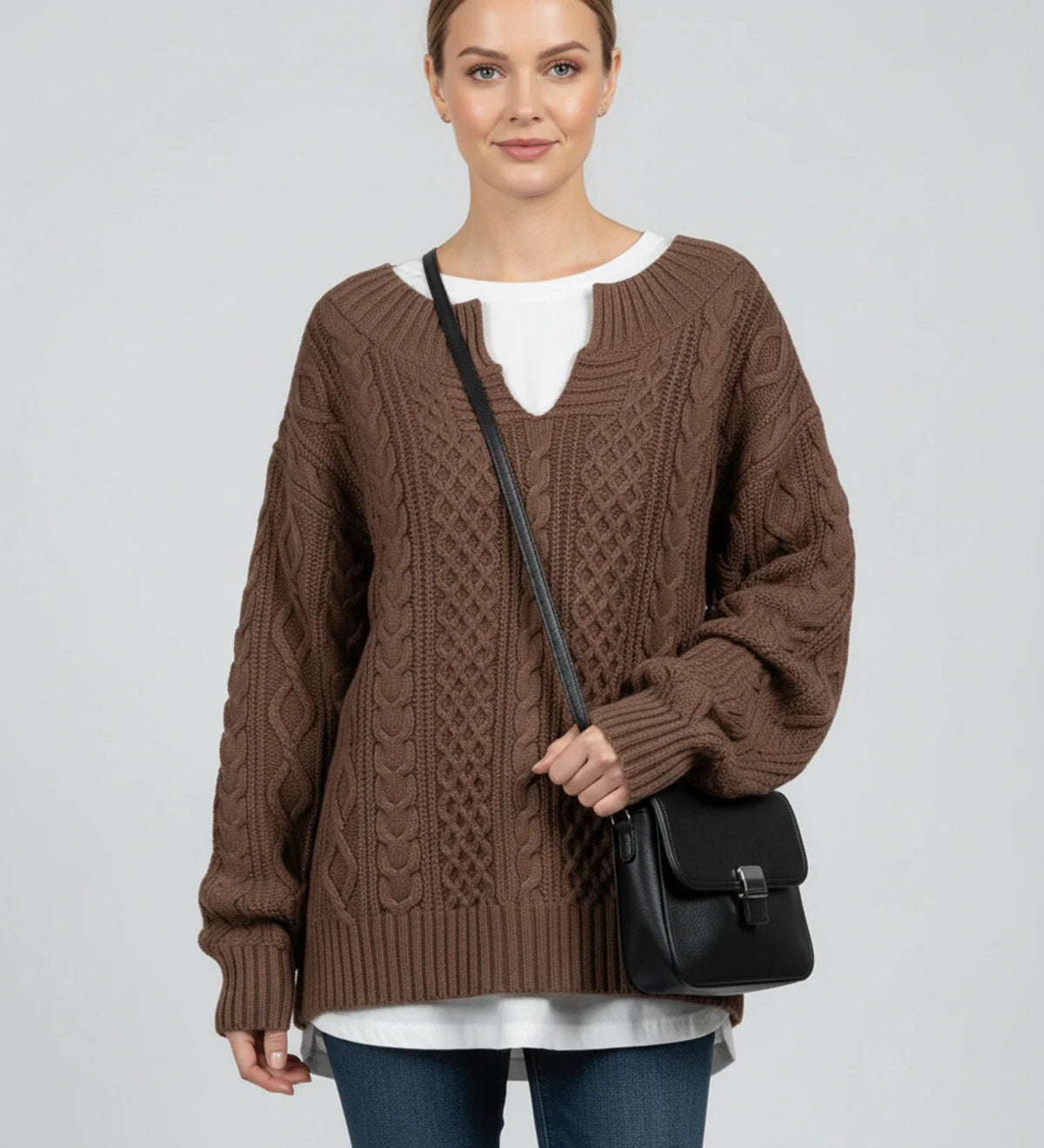 Comfortable Cable Knit Sweater for Women with Mock Neck Long Sleeve Oversized Relaxed Style
