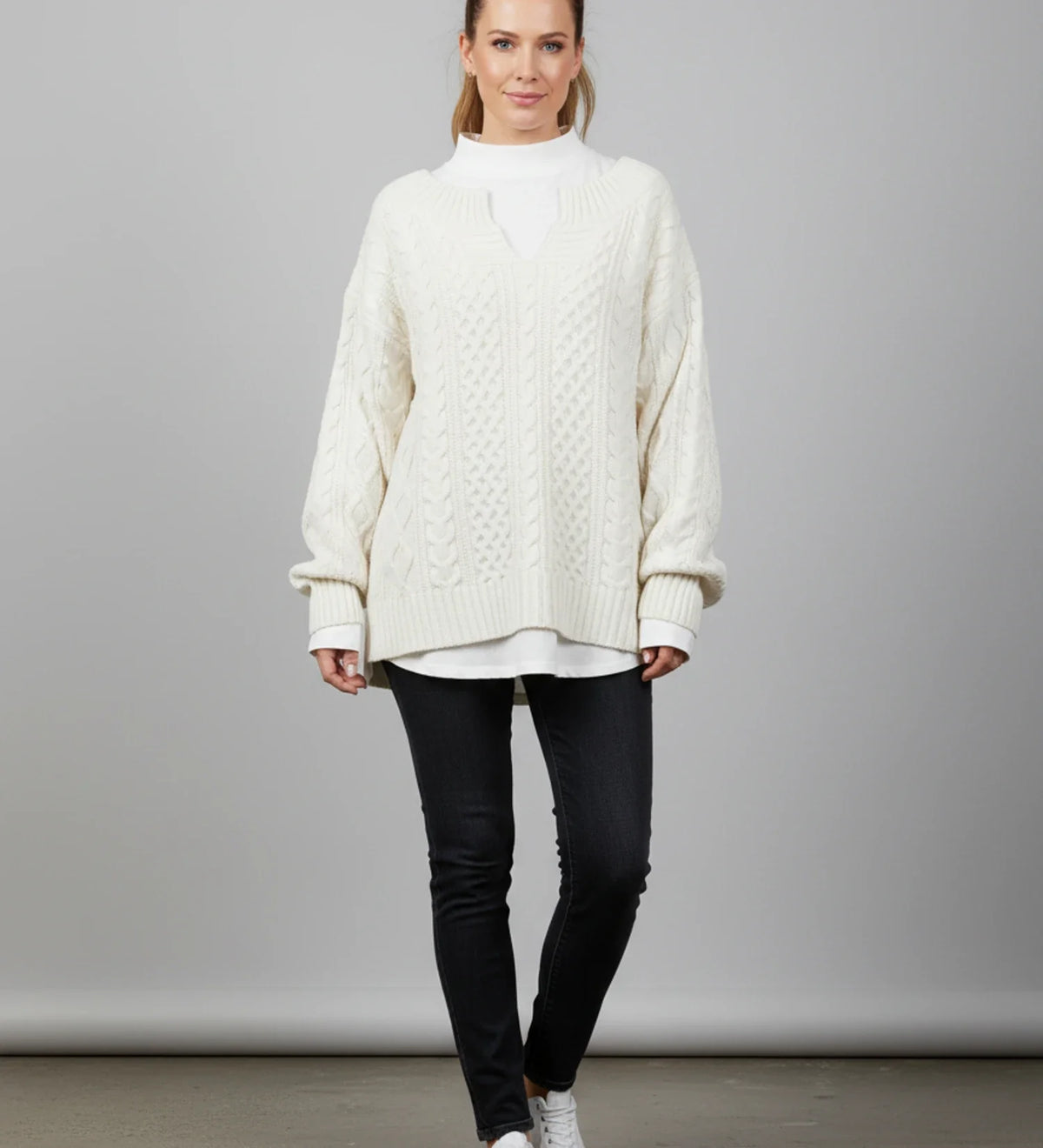Comfortable Cable Knit Sweater for Women with Mock Neck Long Sleeve Oversized Relaxed Style