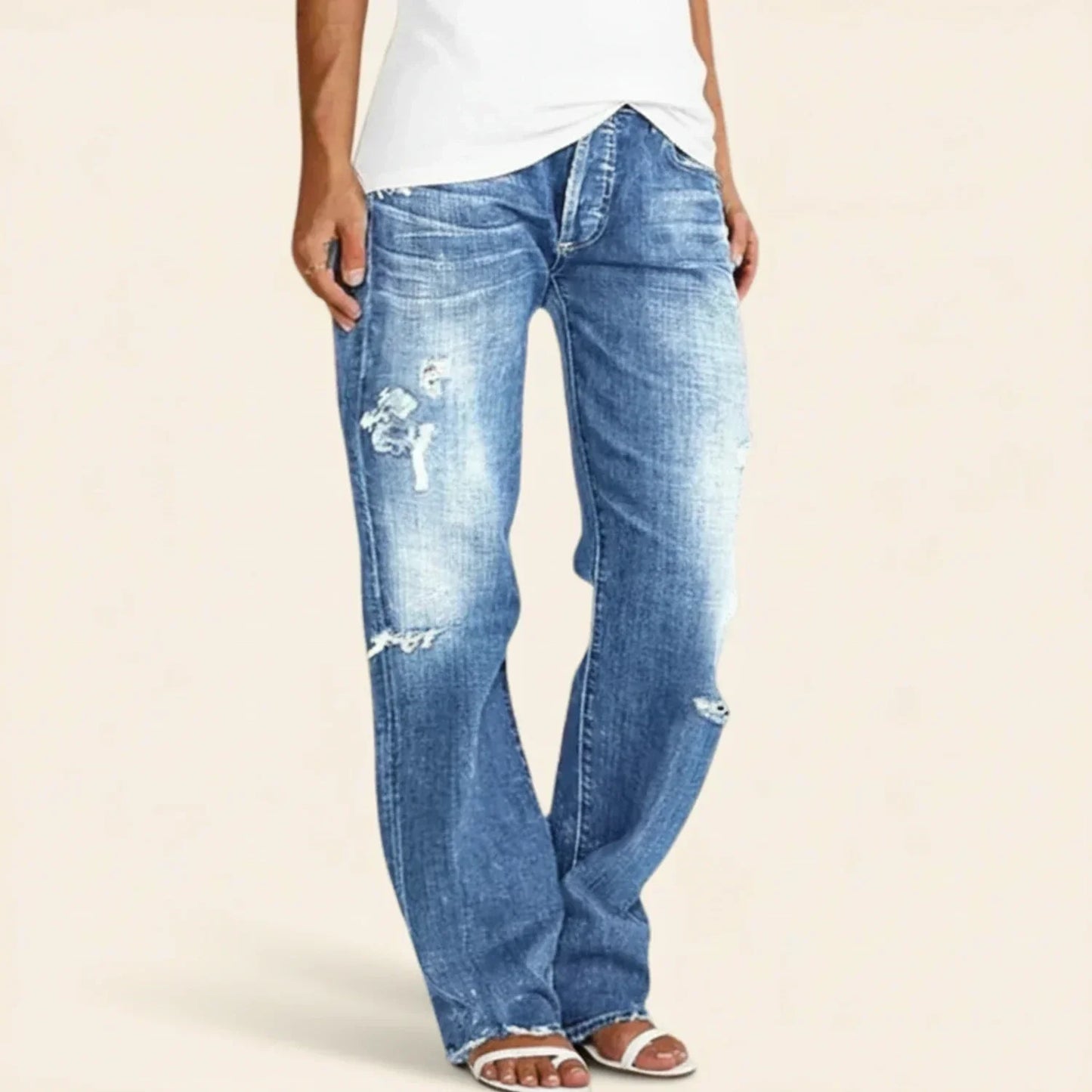 Effortless Distressed Wide Leg Jeans for Women with Frayed Hem Ripped Knee Relaxed Casual Style