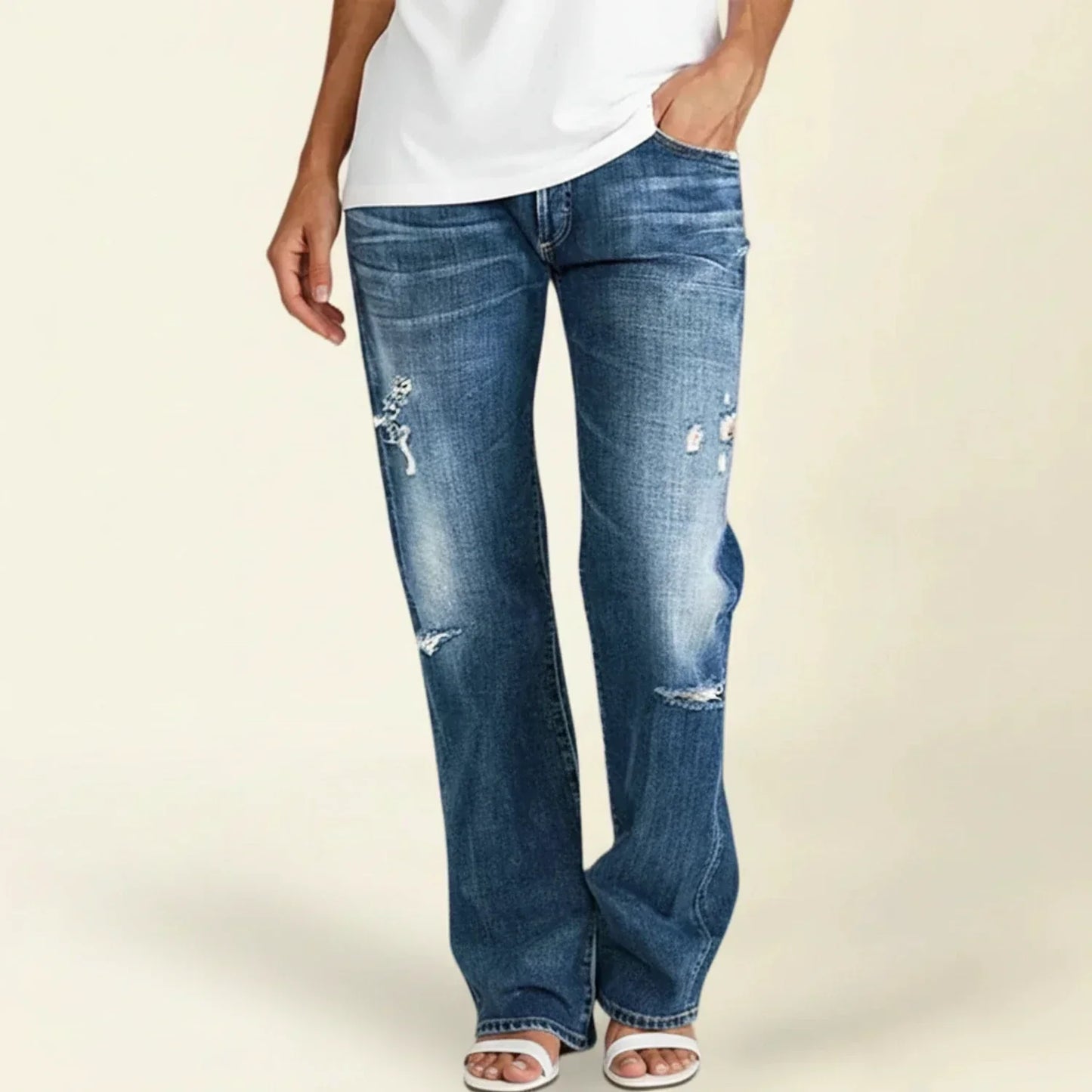 Effortless Distressed Wide Leg Jeans for Women with Frayed Hem Ripped Knee Relaxed Casual Style