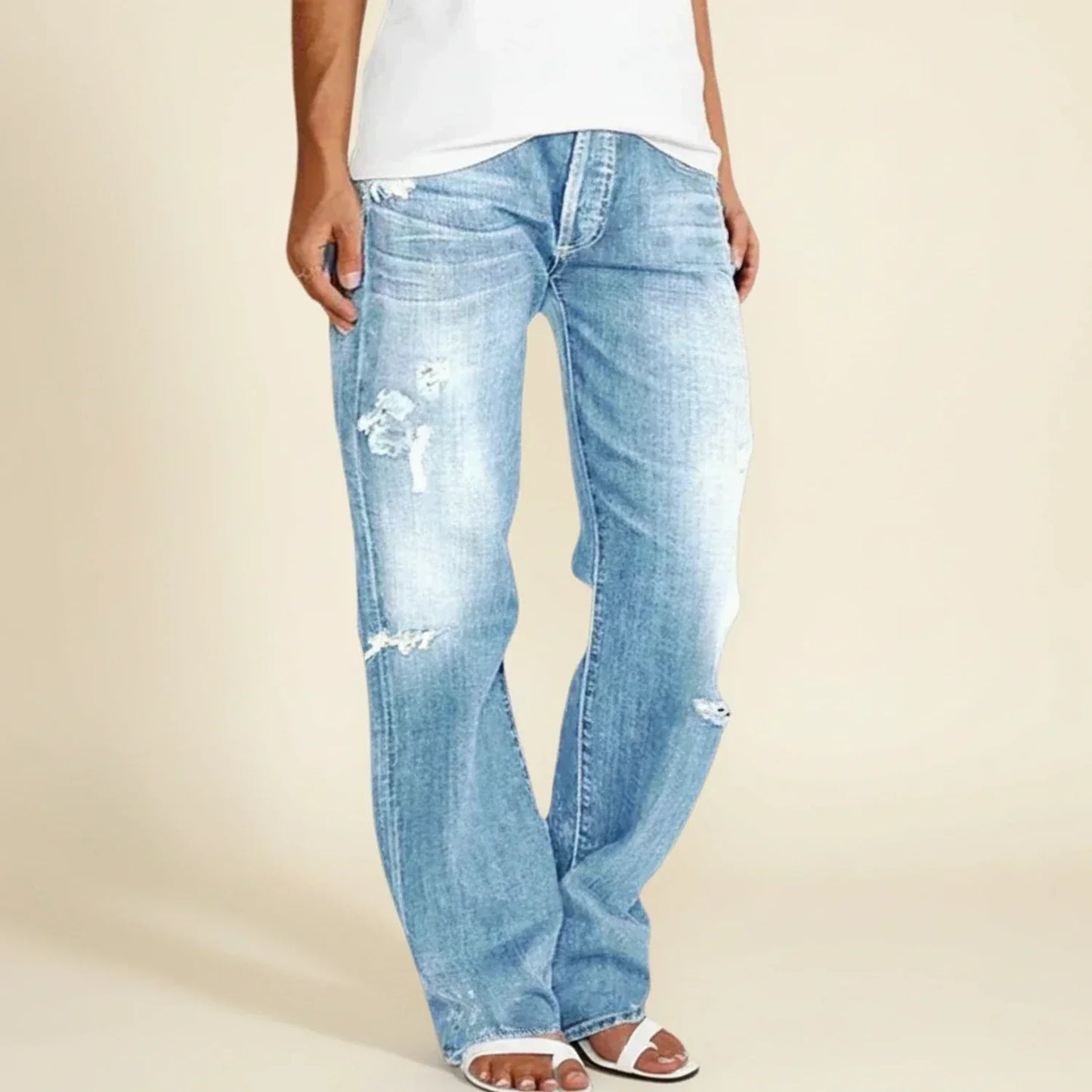 Effortless Distressed Wide Leg Jeans for Women with Frayed Hem Ripped Knee Relaxed Casual Style
