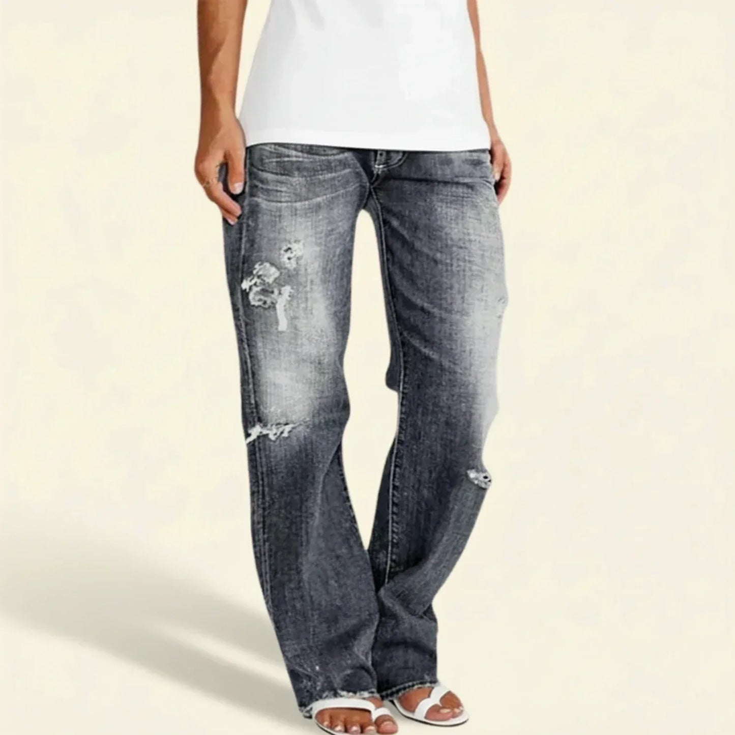 Effortless Distressed Wide Leg Jeans for Women with Frayed Hem Ripped Knee Relaxed Casual Style
