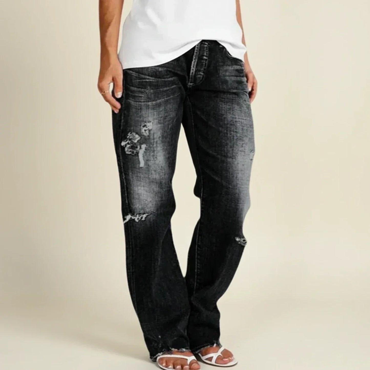 Effortless Distressed Wide Leg Jeans for Women with Frayed Hem Ripped Knee Relaxed Casual Style