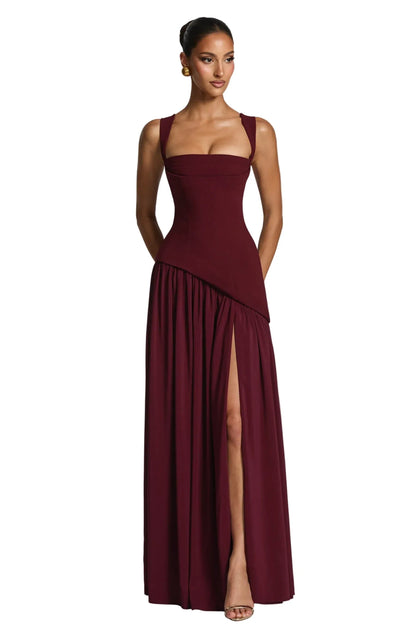 Elegant Draped Maxi Dress for Women with Square Neck Sleeveless High Slit Corset Formal Wedding Guest Style