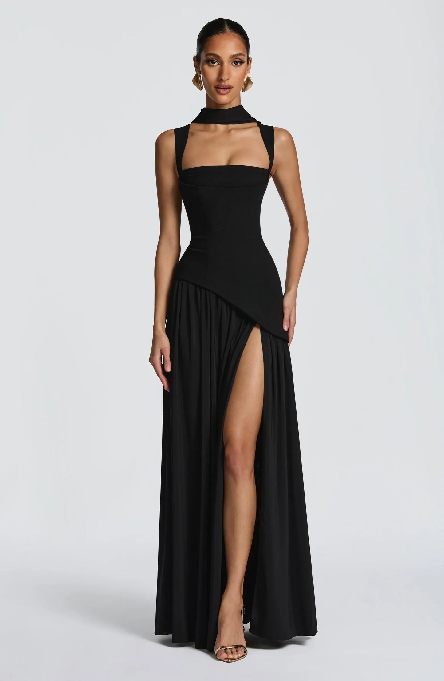 Elegant Draped Maxi Dress for Women with Square Neck Sleeveless High Slit Corset Formal Wedding Guest Style