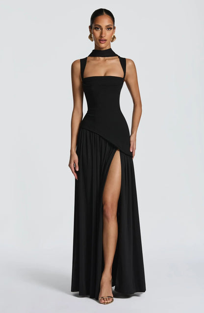 Elegant Draped Maxi Dress for Women with Square Neck Sleeveless High Slit Corset Formal Wedding Guest Style