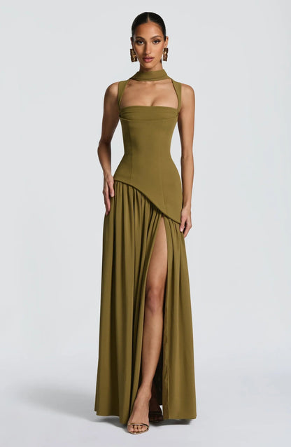 Elegant Draped Maxi Dress for Women with Square Neck Sleeveless High Slit Corset Formal Wedding Guest Style