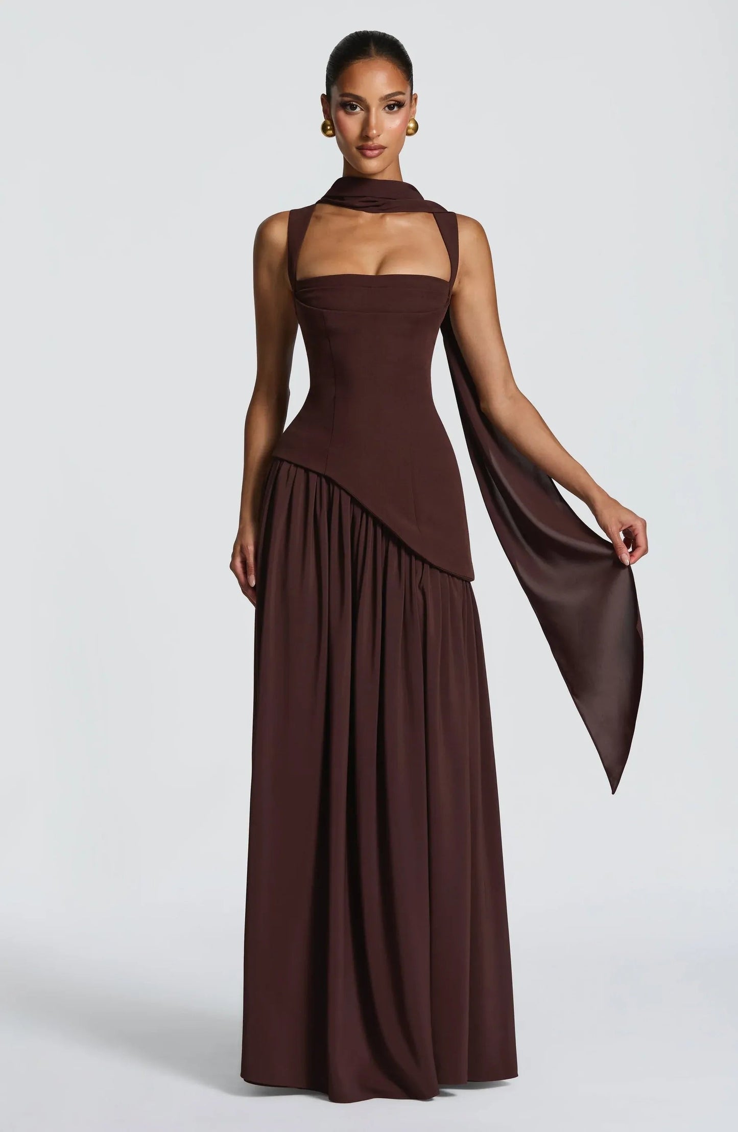 Elegant Draped Maxi Dress for Women with Square Neck Sleeveless High Slit Corset Formal Wedding Guest Style