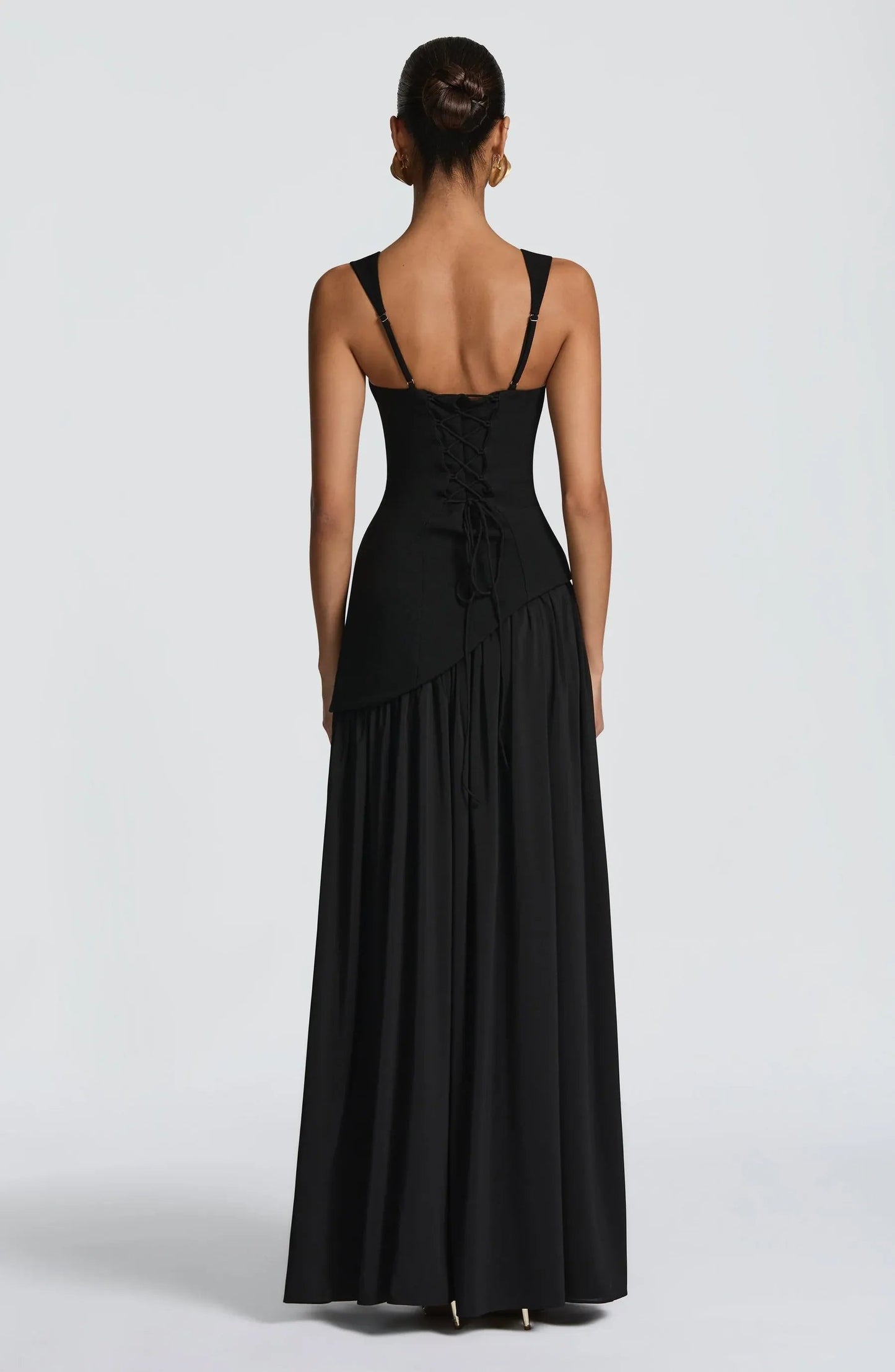 Elegant Draped Maxi Dress for Women with Square Neck Sleeveless High Slit Corset Formal Wedding Guest Style