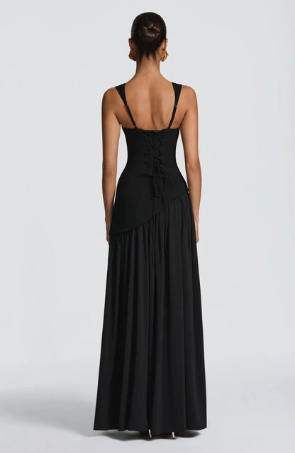 Elegant Draped Maxi Dress for Women with Square Neck Sleeveless High Slit Corset Formal Wedding Guest Style