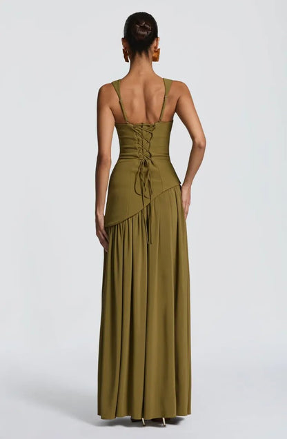 Elegant Draped Maxi Dress for Women with Square Neck Sleeveless High Slit Corset Formal Wedding Guest Style