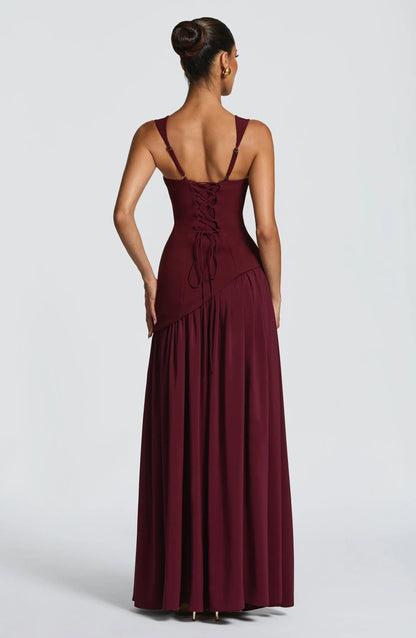 Elegant Draped Maxi Dress for Women with Square Neck Sleeveless High Slit Corset Formal Wedding Guest Style