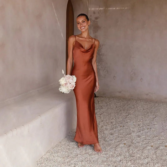 Elegant Satin Maxi Dress for Women with Cowl Neck Spaghetti Strap Side Slit Silky Style