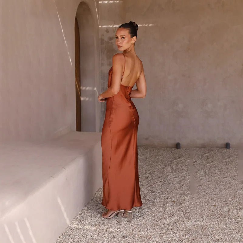 Elegant Satin Maxi Dress for Women with Cowl Neck Spaghetti Strap Side Slit Silky Style